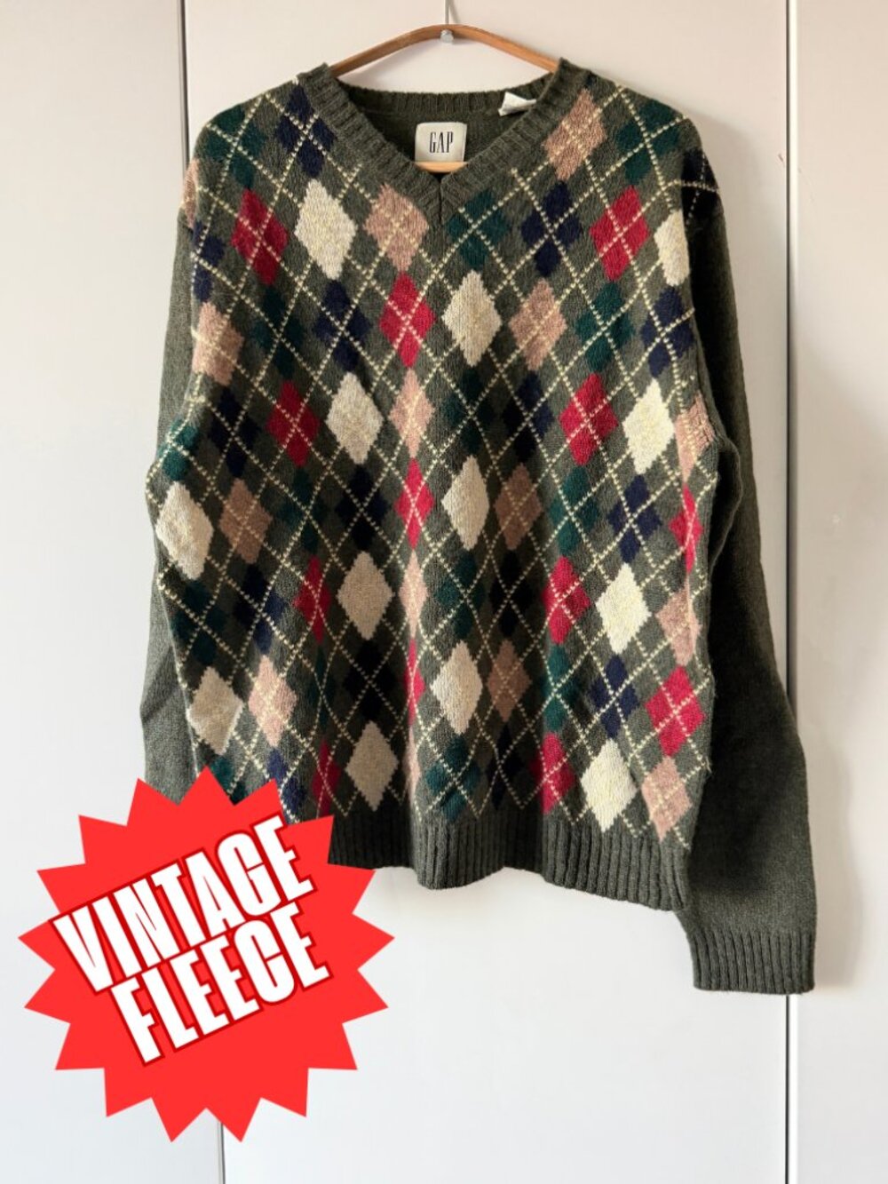 🍁Fall Sale! VNTG Gap Olive Argyle 90s 100% Shetland Wool Mens L
